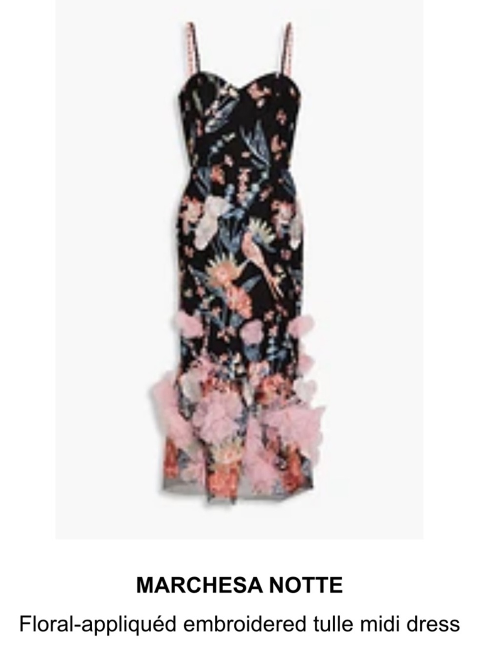 Marchesa Notte Black Floral Embroidered Midi Dress with Pink 3D Flowers - Picture 5 of 11